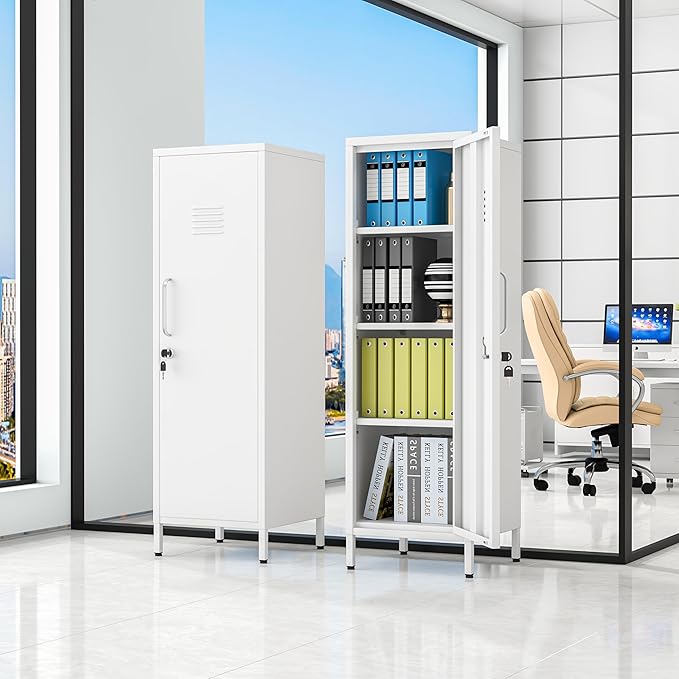 47.24" Metal Storage Locker with Lockable, Employees Metal Steel Locker with 1 Door ＆ 3 Adjustable Shelves, Small Locker Storage Cabinets for Home, School, Office, Gym (White)