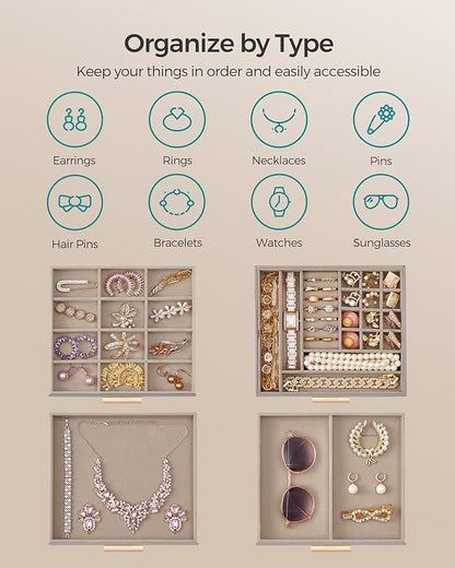 SONGMICS GISELLA Collection - Jewelry Box Organizer, 4-Layer Jewelry Storage with 3 Drawers, Shiny Metal Hardware, Glass Lid, Modern, 8 x 9.1 x 6.5 Inches, Dove Gray and Gold Color UJBC173G01