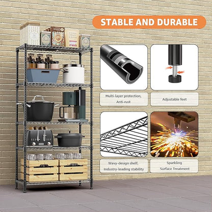 5 Tiers Shelf Metal Storage Shelves Standing 1750 LBs Household Shelf Organizer for Kitchen Pantry Closet Garage Basement Utility Room, Black15.7 D x 45.3" W x 70.4" H