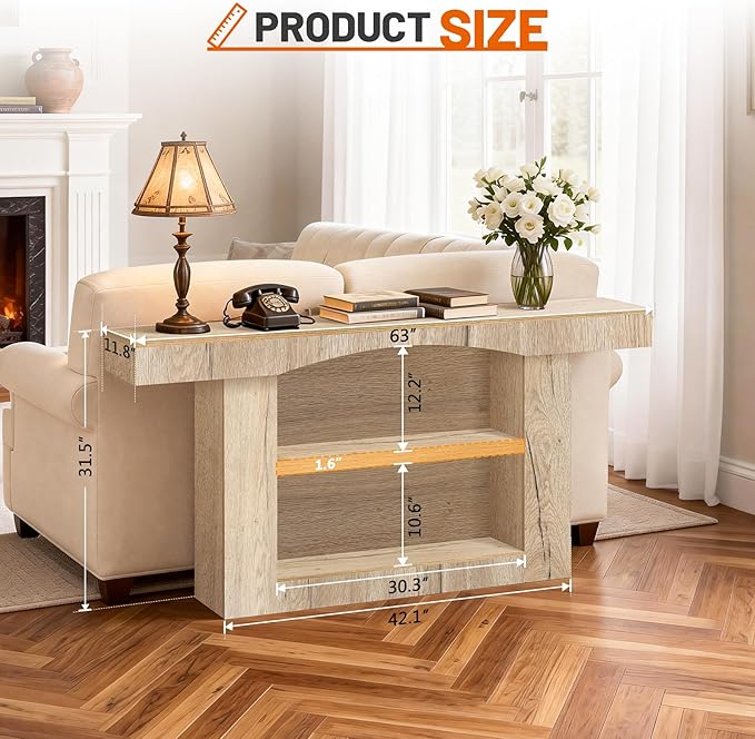 63 Inch Entryway Table Three-Shelf Cabinet, Wooden Console Table with Socket Farmhouse Sofa Table for Entrance, Hallway, Living Room,Behind Couch(Natural Brown)