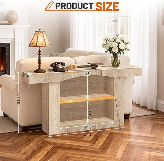63 Inch Entryway Table Three-Shelf Cabinet, Wooden Console Table with Socket Farmhouse Sofa Table for Entrance, Hallway, Living Room,Behind Couch(Natural Brown)