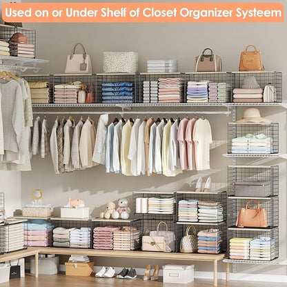 5-Tier Large Stackable Closet Organizer and Storage Basket, Sturdy Closet Shelf Organizer with Wood Top, Stackable Storage Bins Cubes for Clothes with Adjustable Shelf for Wardrobe Organization
