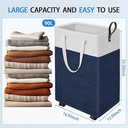 HomeHacks 90L Rolling Laundry Hamper with 4 Smooth Wheels, Collapsible Waterproof Clothes Basket, Freestanding Tall Hamper with Extended Handles for Bedroom/Dorm/Laundry Room (Blue)