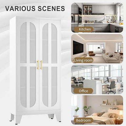 61" Metal Kitchen Pantry Storage Cabinet with 2 Acrylic Glass Doors ＆ 3 Adjustable Shelves, Versatile Food Freestanding Cupboard for Kitchen, Dining Room, Bathroom and Garage (White)