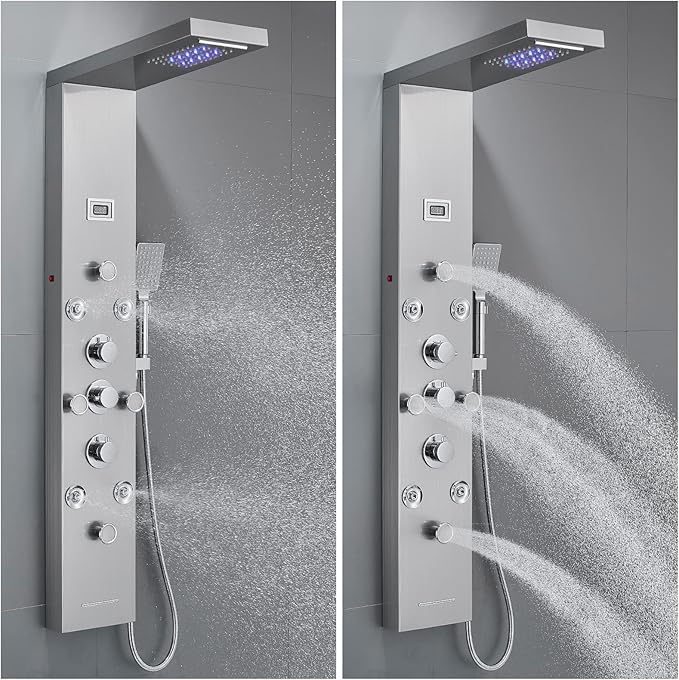 POPFLY LED Rainfall Waterfall Shower Panel Tower System, 4 Body Jets and 4 Mist Spray, 3-Function Handheld Shower, 304 Stainless Steel Shower Tower with Temp Display, Brushed