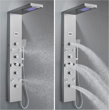 POPFLY LED Rainfall Waterfall Shower Panel Tower System, 4 Body Jets and 4 Mist Spray, 3-Function Handheld Shower, 304 Stainless Steel Shower Tower with Temp Display, Brushed