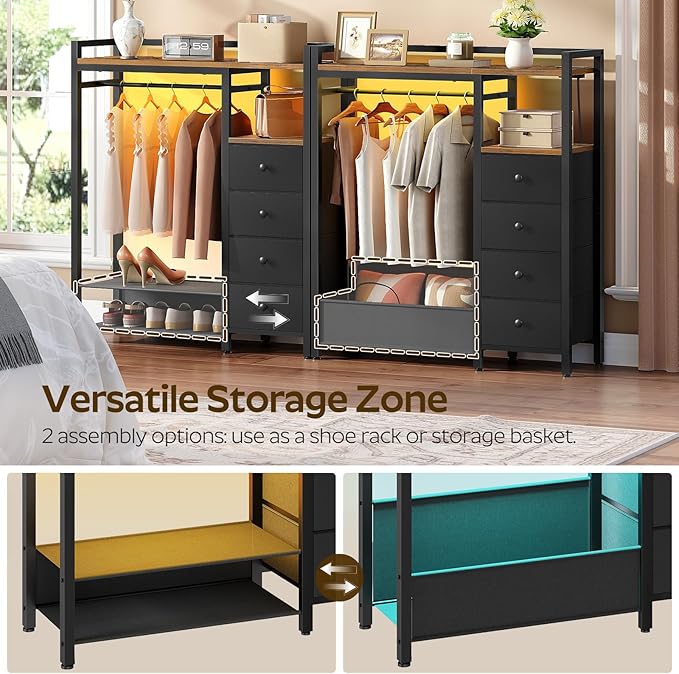Bedroom Dresser with Clothes Rack, 4 Drawer Dresser with Charging Station and LED Light, Chest of Drawers for Bedroom, Closet Organizer with Hanging Rack and 2-Tier Shoe Rack, Rustic Brown