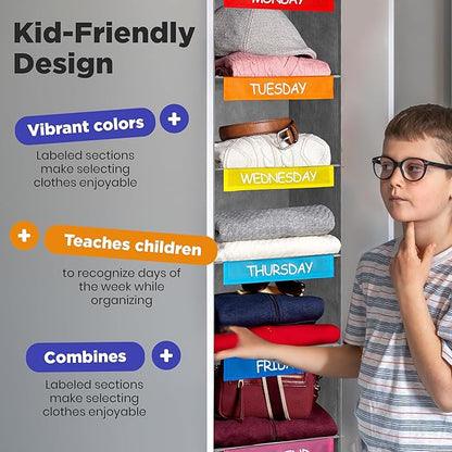 Handy Laundry Hanging Clothes Organizer for Kids - 6-Shelf Closet Daily Clothing Organization Labeled Shelves with Days of The Week Monday Through Friday, Weekday and Weekend (Grey-Colored)