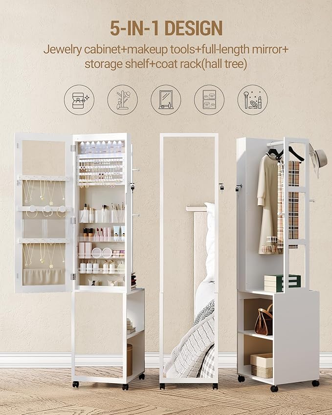 8 LEDs Jewelry Cabinet Armoire, 66.9-inch Jewelry Organizer with Garment Rack, Lockable Full-length Mirror with 4 Wheels, Storage Shelves with Hooks, 5-in-1, White and Beige JC17003BE