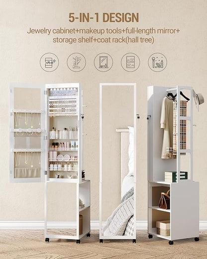 8 LEDs Jewelry Cabinet Armoire, 66.9-inch Jewelry Organizer with Garment Rack, Lockable Full-length Mirror with 4 Wheels, Storage Shelves with Hooks, 5-in-1, White and Beige JC17003BE