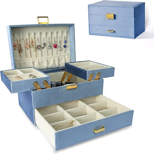 Dajasan Jewelry Organizer Box, Large Jewelry Boxes for Women Girls, Compact 3 Layers Jewelry Storage Case with Drawer, Gift Idea for Christmas, Valentine's Day, Birthday, Mother's Day (Blue)