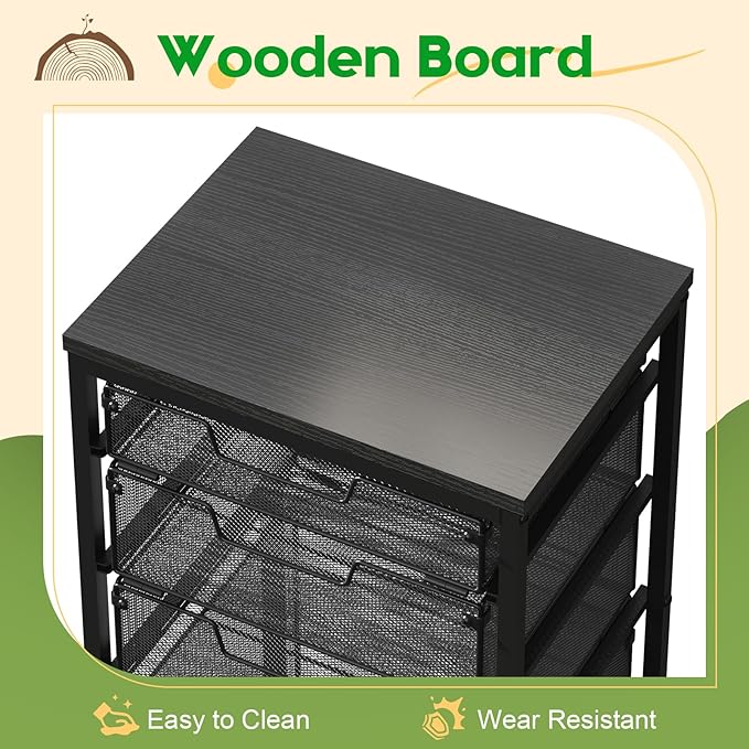 Rolling Storage Cart with Drawers, Utility Cart with Wooden Tabletop and Lockable Wheels Multifunctional Storage Organizer Craft Cart for Classroom, Bedroom, Bathroom, Office, Black