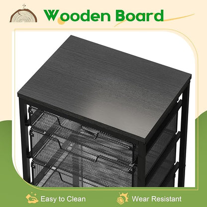Rolling Storage Cart with Drawers, Utility Cart with Wooden Tabletop and Lockable Wheels Multifunctional Storage Organizer Craft Cart for Classroom, Bedroom, Bathroom, Office, Black