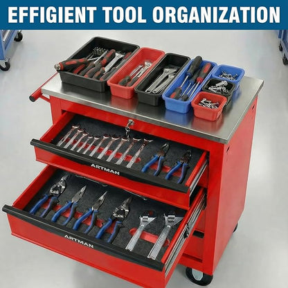 4-Drawer Rolling Tool Chest with Stainless Steel Countertop,Tool Chest with Secure Locking System,Mobile Storage Tool Cabinet with 360°Wheels and Padded Feet,for Home,Garage (Red)
