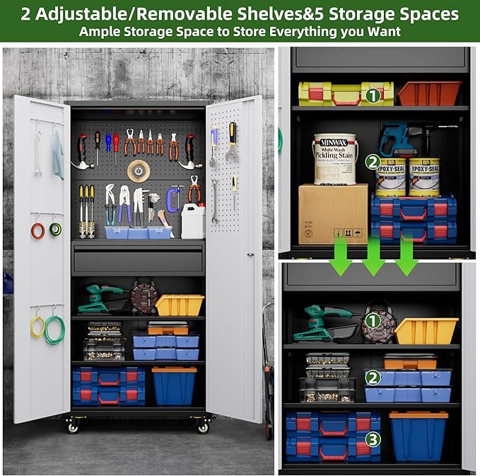Aobabo Garage Storage Cabinet with Wheels, Metal Storage Cabinet with 1 Drawer for Home,Garage,Assembly Required,Black&Grey