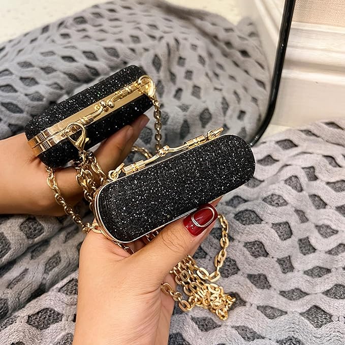 MIAO JIN Mini Crystal Lipstick Case Bling Rhinestone Cosmetic Storage bag with Metal chain Lipstick Storage Holder Makeup jewelry case（Black）