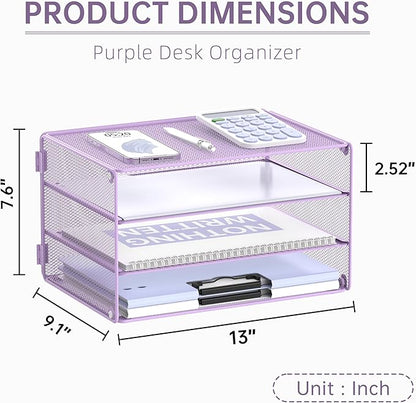 DALTACK 3 Tier Letter Tray Paper Organizer Mesh Metal Desk File Organizer for Home & Office, Light Purple