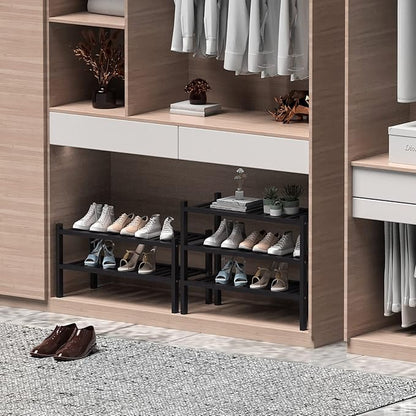 2 Tier (Thick) Bamboo Shoe Rack for Closet Free Standing Wood Shoe Shelf for Entryway Small Space Stackable 27"x12"x14" (Black)