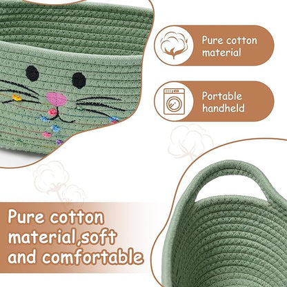 Small Woven Baskets for Organizing Rope with Handle Cute Cotton Basket for Nursery Gift Dog Cat Toy Storage Basket for Toy Organizer-Green