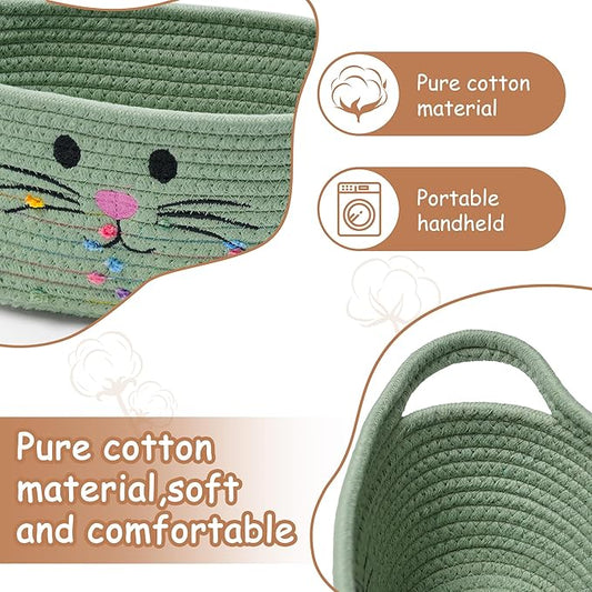 Small Woven Baskets for Organizing Rope with Handle Cute Cotton Basket for Nursery Gift Dog Cat Toy Storage Basket for Toy Organizer-Green