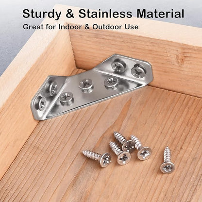 PlusRoc 12-Pack Universal Stainless Steel Furniture Corner Connectors with Screws - Heavy Duty Triangular Support Brackets for Wood Furniture, Drawers, Cabinets, Tables, and Chairs