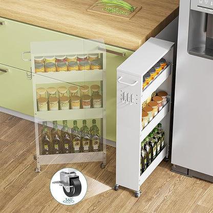 Slim Storage Cart, 4 Tier Rolling Kitchen Cart on Wheels for Small Space, Narrow Laundry Bathroom Organizers Mobile Shelving Unit Metal Utility Cart with Handle, 5.9in Width, White