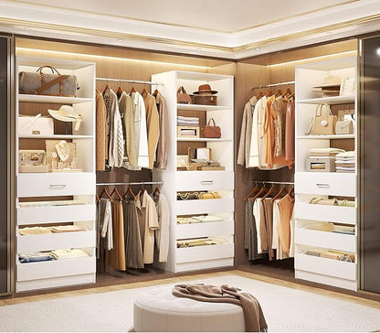Aheaplus Closet System with 12 Drawers, 8.5-11.5Ft Wood Closet Organizer System with 4 Hanging Rods & 3 Towers, 4Ft & 6Ft L-Shaped Walk-in Closets Wardrobe Organizer Clothes Rack, Set of 3, White1
