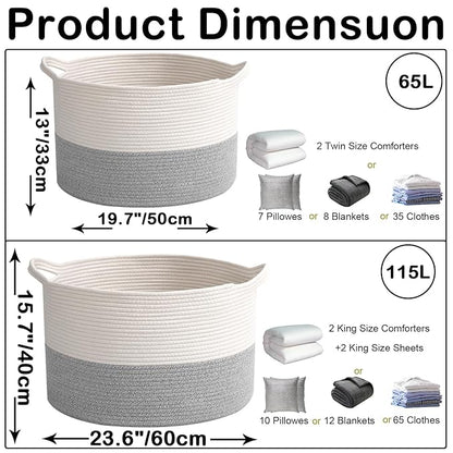 115L Large Blanket Basket,23.6" L x 23.6" W x 15.7" H Rope Woven Baskets with Handles, Toys Storage Bins,Laundry Basket Perfect for Living Room, Nursery,Bedroom,Home Organization,White&Grey