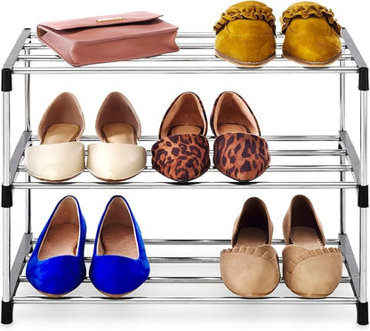 Whitmor 3-Tier Shoe Rack - Small Space Solution - Store up to 6 Pairs of Shoes - Organize Shoes & Accessories - Chrome & Black