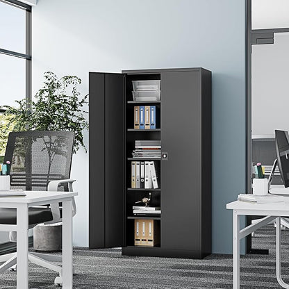 Metal Storage Cabinet-71” Tall Steel File Cabinets with Lockable Doors and Adjustable Shelves-Black Steel Storage Cabinet for Home,Kitchen, School, Office, Garage