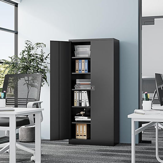 Metal Storage Cabinet-71” Tall Steel File Cabinets with Lockable Doors and Adjustable Shelves-Black Steel Storage Cabinet for Home,Kitchen, School, Office, Garage
