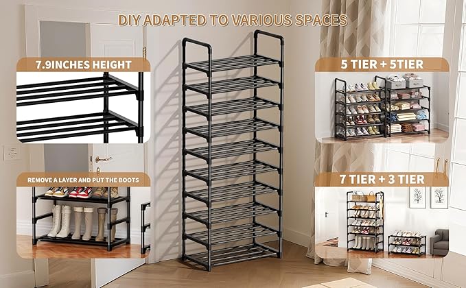 Shoe Rack, 10 Tier Shoe Storage Organizer,Fit 30-35 Pairs Shoes,Metal Tall Shoe Shelf for Closet,Entryway, Hallway,Garage,Bedroom,Cloakroom