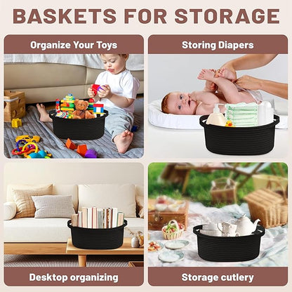 Small Woven Black Gifts Basket for Storage Empty with Ribbons and Bags Durable Cute Gifts 12"X 8" X 5" Small Rope Basket for Gifting