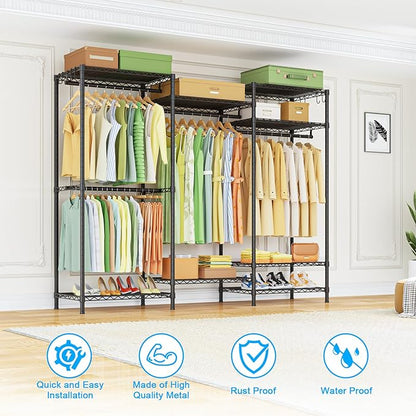 Ulif E13 Heavy Duty Clothes Rack（With 4 Hanger Rods & 8 Shelves） Freestanding Clothing Racks for Hanging Clothes，Adjustable Closet Organizer，Metal Garment Rack 63" W x16 D x77 H，Max Load 900LBS，Black