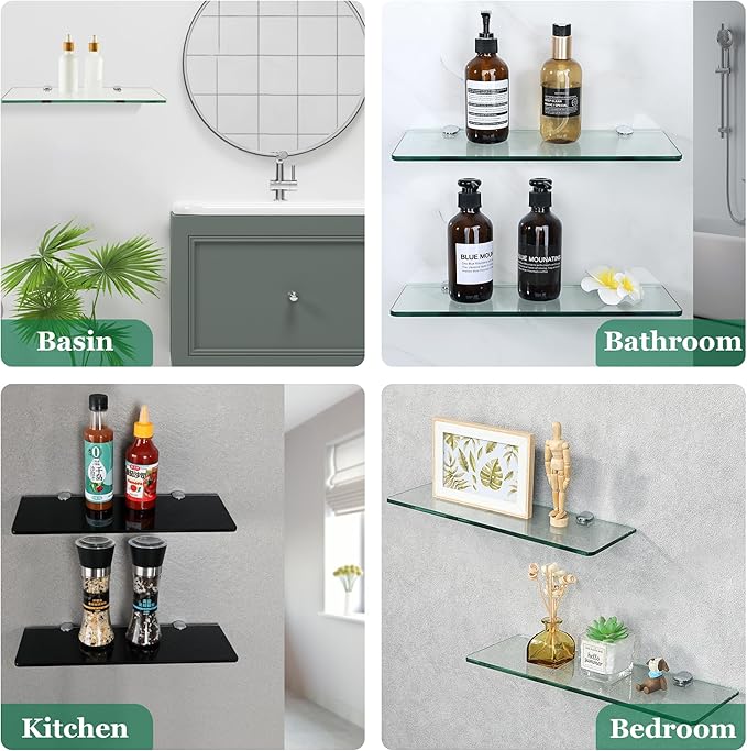 SAYAYO Floating Glass Shelves for Bathroom, 15 x 5 Inch Chrome Tempered Glass Shelf for Wall 1 Pack, Black