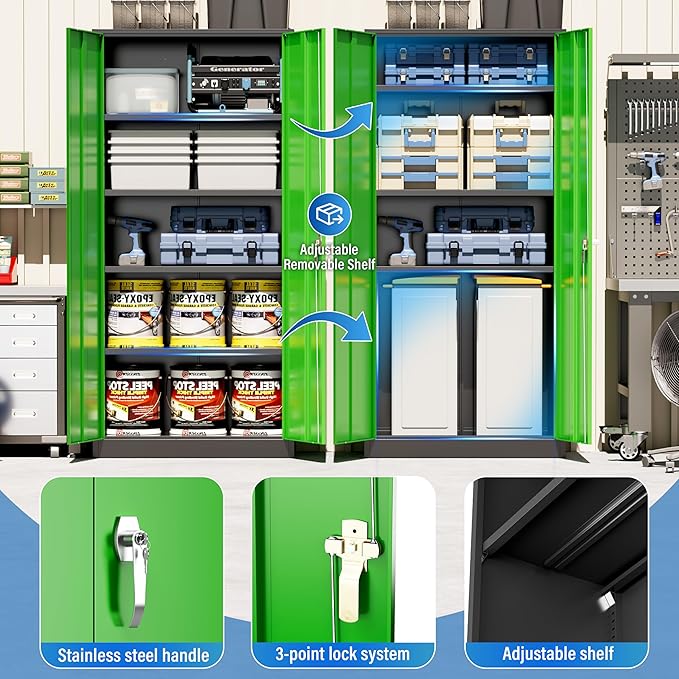 Greenvelly Metal Storage Cabinet with Doors and Shelves, 72" Inch Locking Metal Cabinet,Garage Storage Cabinet for Garage Office School Warehouse (Black Green)
