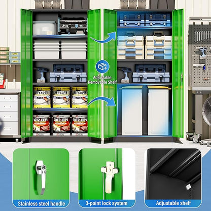 Greenvelly Metal Storage Cabinet with Doors and Shelves, 72" Inch Locking Metal Cabinet,Garage Storage Cabinet for Garage Office School Warehouse (Black Green)