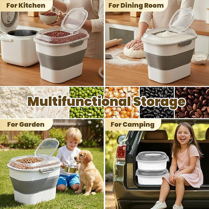 20-50Lbs Rice Container,Collapsible Food Storage Containers with Clear Airtight Lid,Wheels,Date Track,Rice Storage Container with 2PCS Containers and Scoop,Rice Dispenser for Flour Sugar Grain Dog Cat