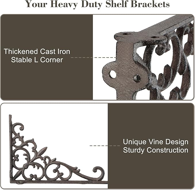 Z Metnal Decorative Shelf Brackets, 6 x 9 inch, Cast Wrought Iron Metal Mailbox Bracket, 90° Right Angle Victorian Brackets, Wall Decor, Modern Shelving Bracket for DIY Floating Shelves, 2 Pcs