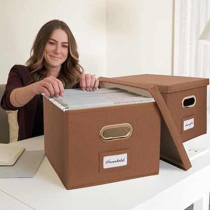 ZICOTO Decorative File Organizer Box Set of 2 - Collapsible Linen Filing Cabinets w/Handles Are Perfect to Store all Your Documents & Hanging File Folders - Portable Easy Slide Crates with Lid