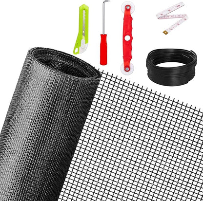 Ouskr Replacement Window Screens Kit, 48X118 Inch Durable Window Screen Mesh for Patio Porch Door Windows, DIY Adjustable Fiberglass Screen Repair Kit with Rolling Tool Hook Ruler Cutter Spline