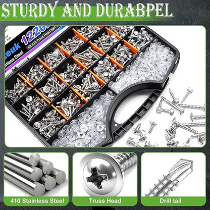 mxuteuk 1220PCS #8#10 Self Tapping Screws for Metal,410 Stainless Steel Self Drilling Screws,Truss Head 1/2" to1-1/2'' Self Tapping Screw for Plastic(610pcs Screw+610pcs Washer)