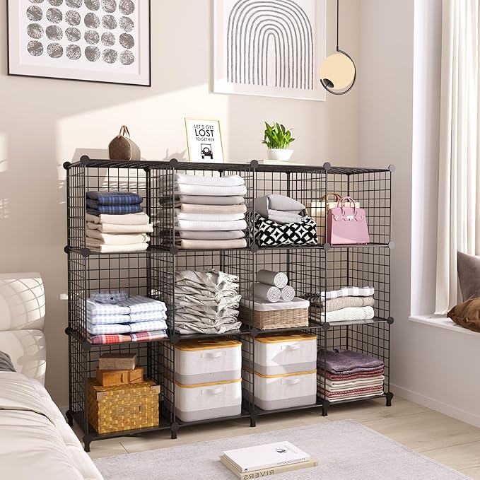 AWTATOS Wire Cube Storage Organizer, Closet Organizers and Storage, Metal 12 Cube Storage Shelves Bookshelf, Portable Closet Clothes Organizer for Bedroom, Home, Office, Black