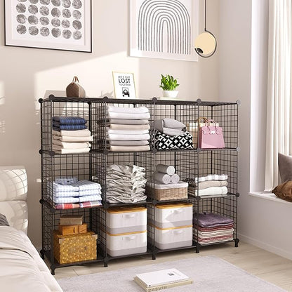 AWTATOS Wire Cube Storage Organizer, Closet Organizers and Storage, Metal 12 Cube Storage Shelves Bookshelf, Portable Closet Clothes Organizer for Bedroom, Home, Office, Black