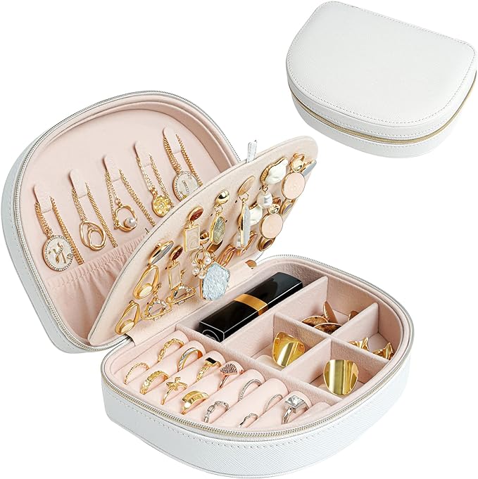 ProCase Travel Size Jewelry Box, Medium Portable Seashell-Shaped Jewelry Case, 2 Layer Mini Jewelry Organizer in PU Leather for Women -White