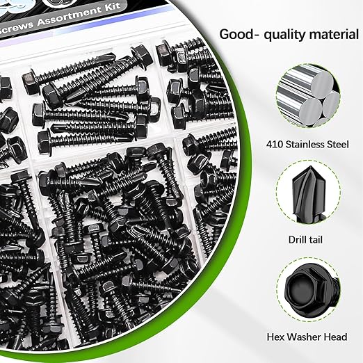 mxuteuk 300PCS #8#10 Self Tapping Screws,410 Stainless Steel Self Drilling Screws,Black Zinc Hex Washer Head Sheet Metal Screws Suitable for Wood, Metal or Tough Materials(150pcs Screw+150pcs Washer)