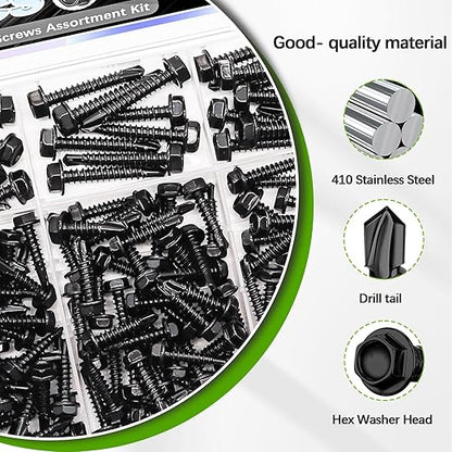 mxuteuk 300PCS #8#10 Self Tapping Screws,410 Stainless Steel Self Drilling Screws,Black Zinc Hex Washer Head Sheet Metal Screws Suitable for Wood, Metal or Tough Materials(150pcs Screw+150pcs Washer)