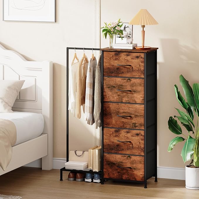 Somdot Dresser with Hanging Rack, 5 Drawers Small Closet for Bedroom, Reversible Dresser with Clothes Rack, Kids Dressers for Bedroom Chest of Drawers, Tall Storage Tower, Wood Grain Print