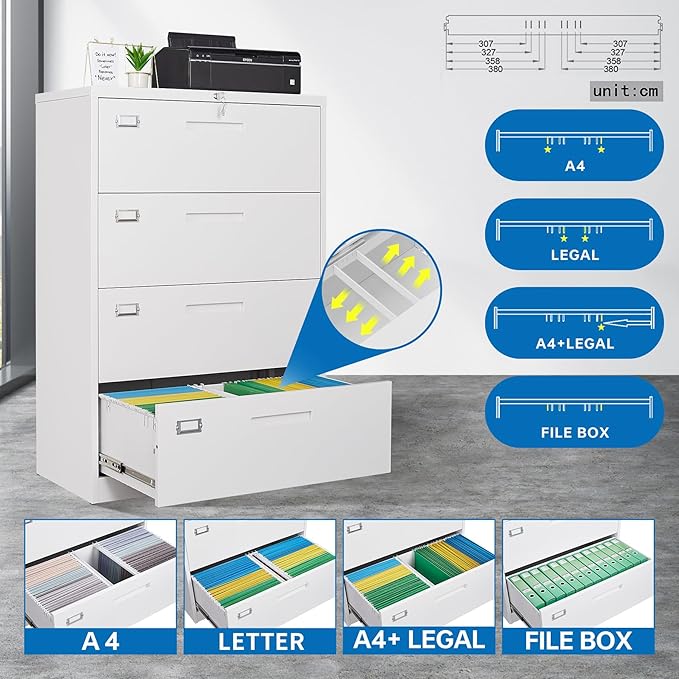 4 Drawer File Cabinet with Lock Metal Lateral File Storage Cabinet Office Home Steel Lateral File Cabinet for A4 Legal/Letter Size Wide File Cabinet Locked,Assembly Required (4 Drawer, White)