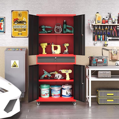 73" Metal Garage Storage Cabinet with Wheels， Rolling Tool Storage with Locking Doors， Adjustable Shelves and Drawer, Heavy Duty Steel Tool Cabinet for Garage, Warehouse, School(Red Black)